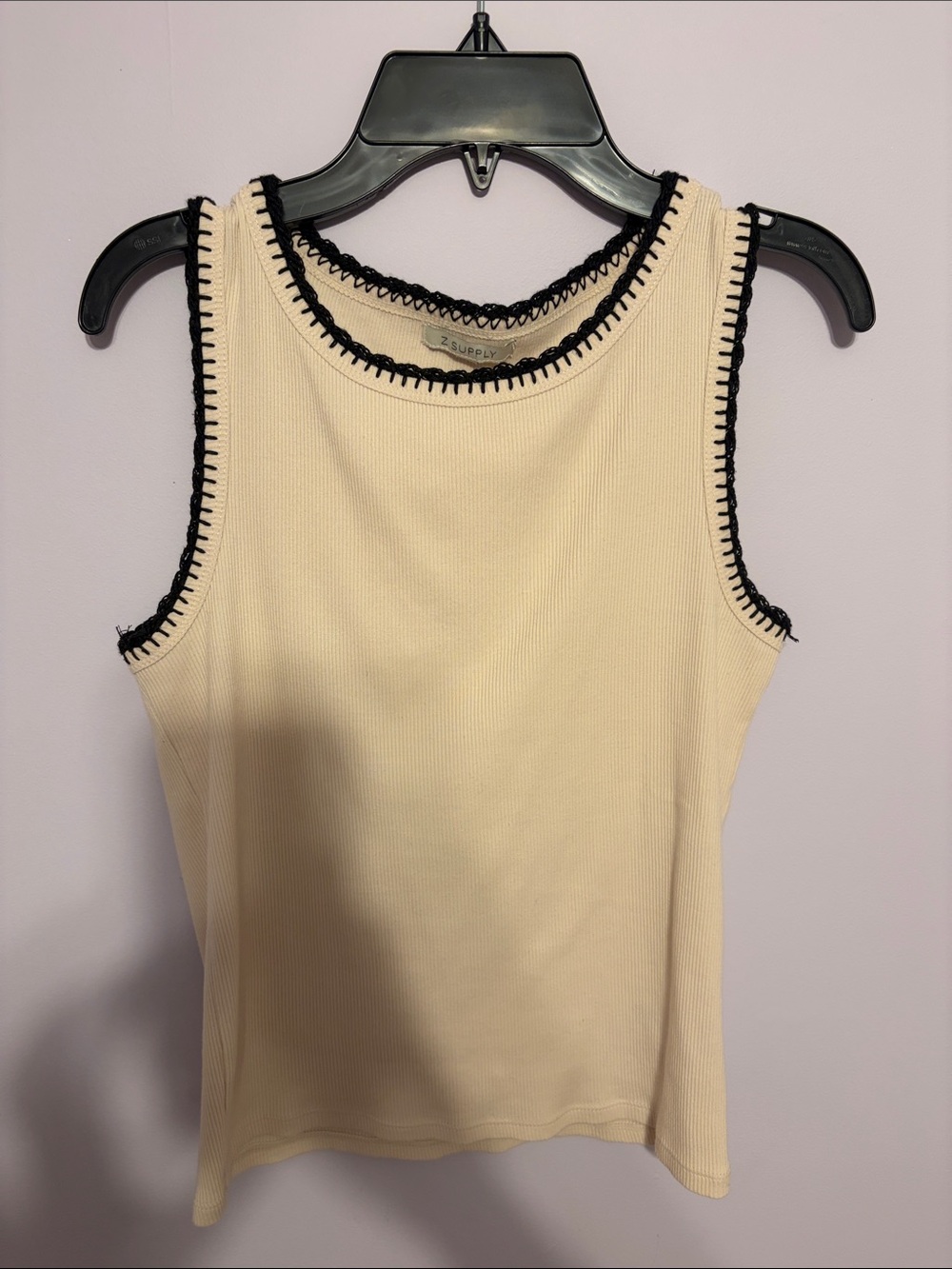 Z Supply Cream Ribbed Tank with Black Crochet Trim